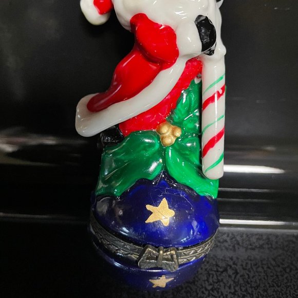 Santa  standing on world with candy cane hinged ceramic ornament - Picture 2 of 6